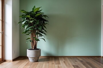 Fototapeta premium Mint Green Wall with Schefflera Plant in Stylish Concrete Pot on Warm Oak Flooring Bathed in Morning Light for Elegant Interior Design