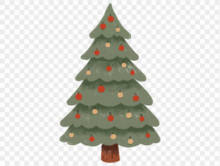 Hand drawn Christmas tree with chalk style decorations and childlike lines on  transparent background, perfect for festive designs. vector