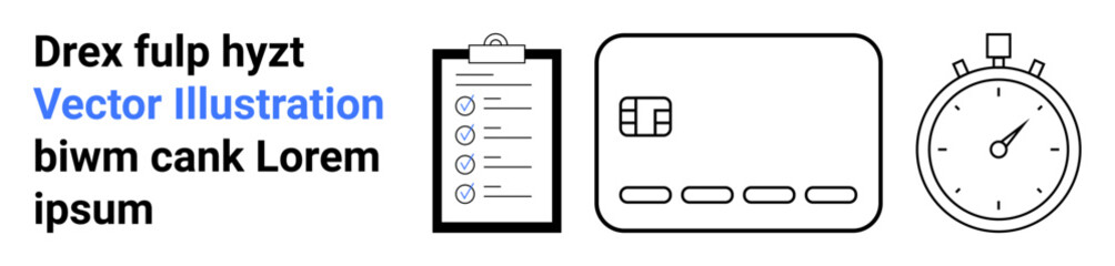 Text block, clipboard with checklist, digital card icon, stopwatch timer. Ideal for financial planning, time management, productivity, scheduling task management banking project tracking. Landing