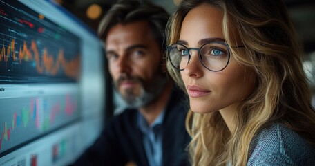 Business Colleagues Discussing Data Analytics Strategy in Modern Office with Digital Screen and Colorful Graphs