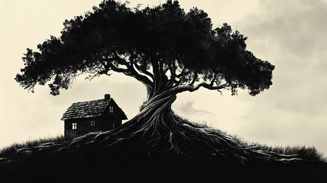 Silhouette of a tree with intertwined roots and a house at dusk