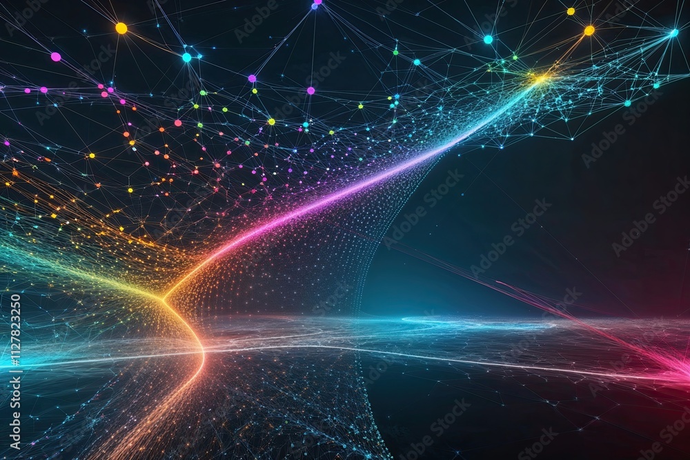 Aufkleber creative network of bright dots and colorful paths in digital environments