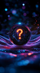 Crystal Mystery Sphere with Rainbow Beams and Glowing Question Mark in Endless Void of Particles