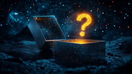 Naklejka premium Glowing Wooden Mystery Box with Intricate Carvings and Sparkling Golden Question Mark in Smoky Halo