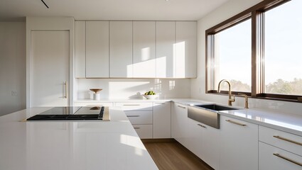 Elegant minimalist kitchen in white design and decor.
