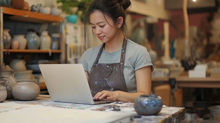 craft artist in apron working on laptop computer in art studio store.