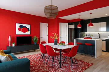 Bright Open Apartment Design with Vibrant Red Walls and Trendy Dining Corner 3D Rendering