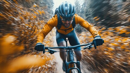 A mountain biker races down a winding trail, surrounded by vibrant autumn foliage. The motion captures the thrill of adventure, energy, and the beauty of nature in full swing