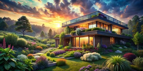 Modern Sustainable House Surrounded by Lush Greenery: A Surreal Vision of Eco-Friendly Living in Harmony with Nature, Showcasing Innovative Architecture and Vibrant Flora