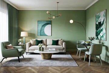 Peaceful Apartment Interior Design with Calming Living Room and Charming Dining Space in Soft Green Walls and Contemporary Furniture