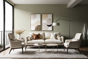 Cozy Cream Sofa and Minimalist Side Chairs for Serene Living Room Design 3D Preview