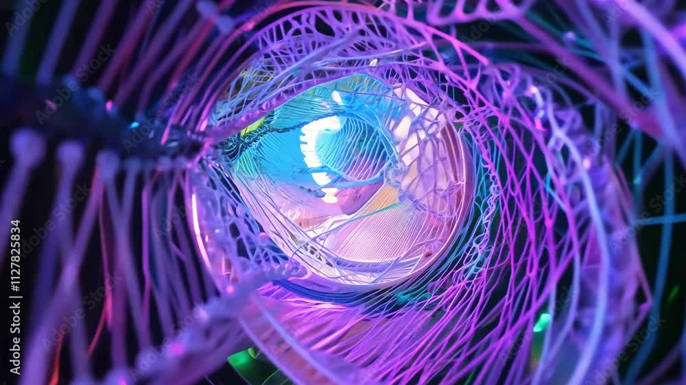 Poster camera spirals through a tunnel of dna helix structures with color-changing leds