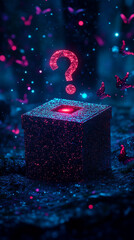 Oversized Iridescent Gift Box with Holographic Question Mark and Glowing Butterflies