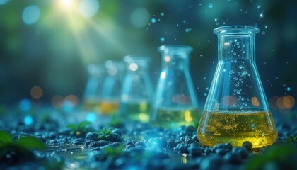 Biotechnological applications in chem sector. Glass flasks filled with glowing yellow liquid on bed of rocks. Green plants surround flasks. Innovation, future tech in eco friendly chem. Biotech