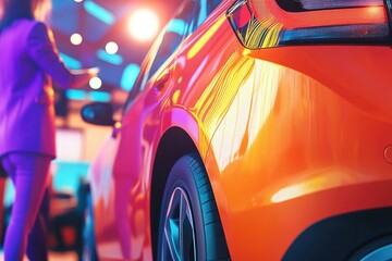 A person is inspecting a rental car in a modern car rental office filled with bright light and a cheerful atmosphere. The vehicle has a vibrant color, showcasing its feat
