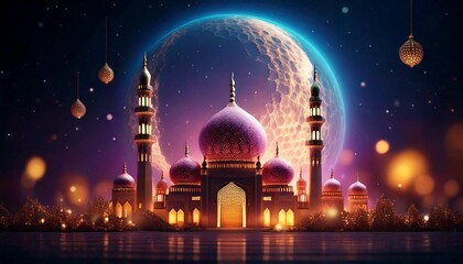 Realistic Ramadan Glow Mosque Moon and Bokeh islamic ramadan eid mubarak kareem mosque background. Generative AI