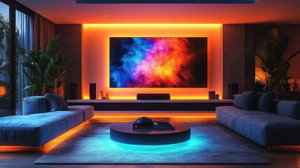 Modern Living Room with Abstract Art and Ambient Lighting