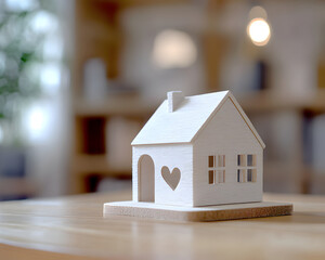 A wooden model house with a heart-shaped door, symbolizing love and home.
