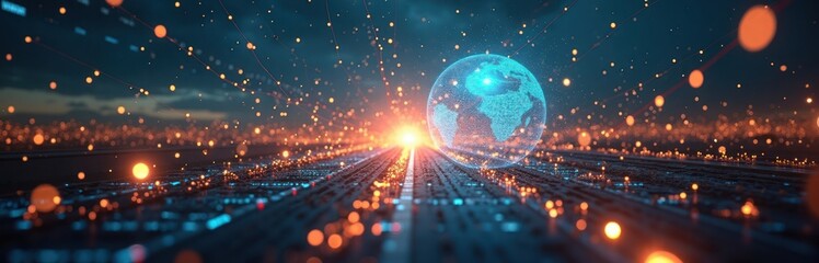 Obraz premium Global interconnectedness visualized as digital globe positioned on tech-based pathway. Global internet tech representation shines with vibrant light effects. IP video tech innovation connects