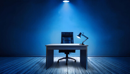 Fototapeta premium Solitude in the Office with Blue Light, a Desk Lamp and dark room