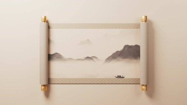 Chinese ancient reel with ink wash painting, 3d rendering.

