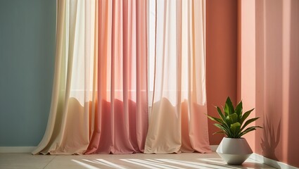 A pastel-colored curtain gently draping over a window, its soft hues contrasting elegantly with the bold color of the wall paint