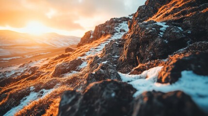 Naklejka premium Golden Sunset Over Snowy Rocky Hillside