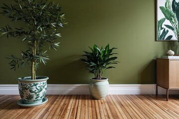 Sophisticated Olive Green Wall Ficus Tree in Ceramic Planter with Bamboo Flooring for Modern Interior Design
