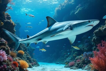 Fototapeta premium Grey Reef Shark Swims Through Vibrant Coral Reef