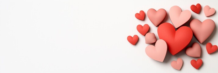 Colorful hearts arranged on a white background, symbolizing love and affection.