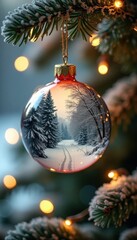 Red Christmas ornament reflects winter wonderland scene. Snow-covered trees line pathway. Festive lights around create warm holiday ambiance. Ornate details on ornament add charm. Decoration on