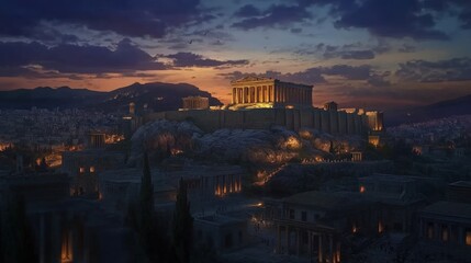 Ancient Greek city at dusk, illuminated Acropolis.