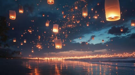 A beachside Countdown 2025 celebration, glowing lanterns released into the sky, waves crashing as midnight strikes