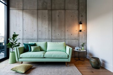Stylish Living Room Design Featuring Mint Green Loveseat and Trendy Concrete Wall