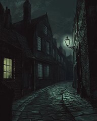 Dark and Mysterious Cobblestone Alley at Night