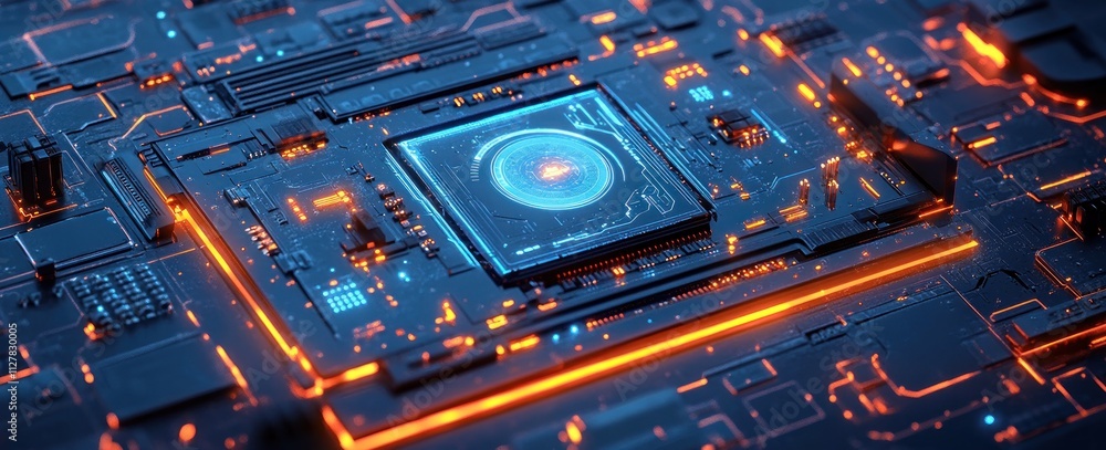 Aufkleber Futuristic Cyberpunk Microchip with Glowing Circuits for Cloud Computing Online Data Storage and Secure Mobile Connection