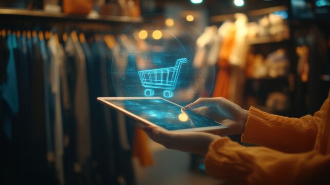 Glowing shopping cart hologram digital sale promotion poster design for holiday shopping season.