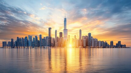 Obraz premium The city skyline sparkled with a myriad of lights as the sun dipped below the horizon, casting a warm orange glow over the towering buildings.