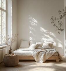 Cozy Minimalist Bedroom Scandinavian Interior with Wooden Bed Soft Pillows Textured Blanket