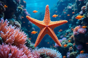 Orange Starfish Swims Among Vibrant Coral Reef Fish