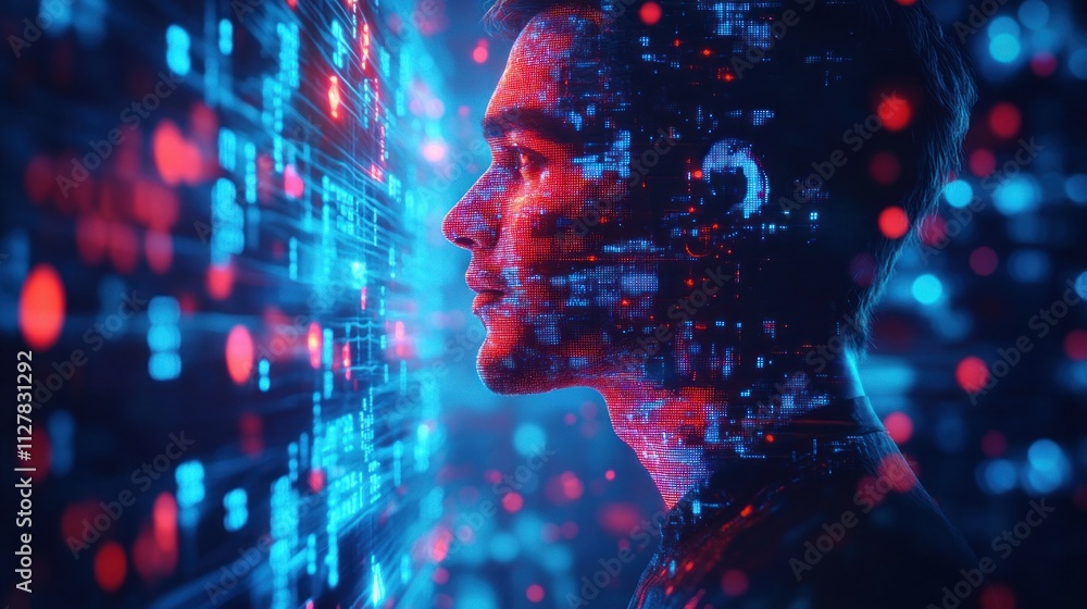 Poster cyberpunk portrait of it specialist analyzing ai security threats in digital environment