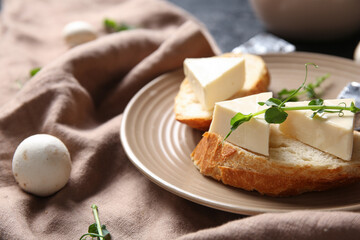 Plate with bread, triangles of tasty processed cheese, micro green and napkin, closeup