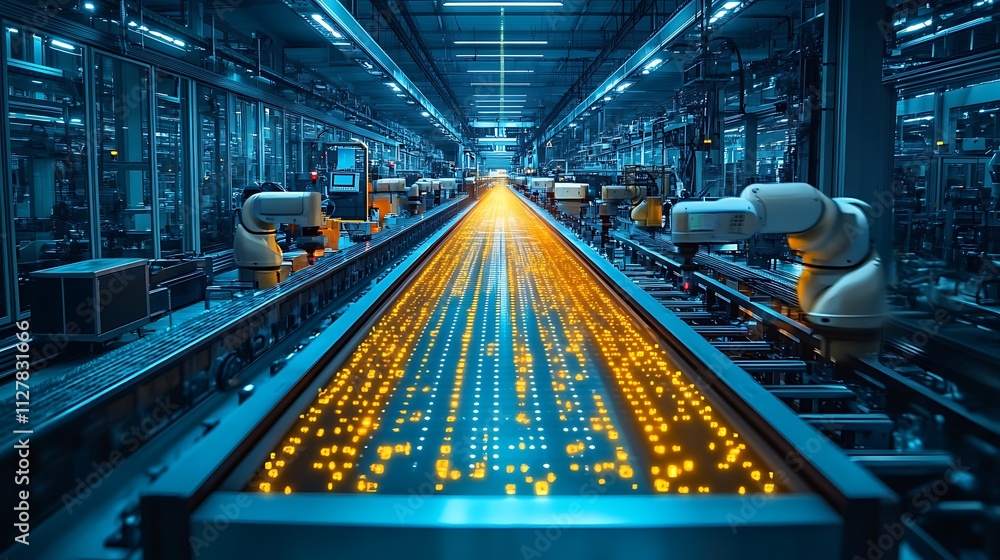 Aufkleber automated factory production line with robotic arms and illuminated conveyor belt.