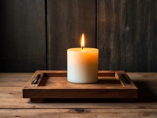 Lit Candle on Wooden Tray Rustic Setting