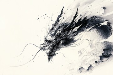 Dynamic Ink Wash Painting of Dragon with Ethereal Effects and Traditional Brush Techniques
