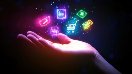 Fototapeta premium Glowing shopping cart hologram digital sale promotion poster design for holiday shopping season.