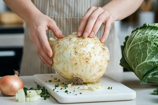 Woman Peeling Kohlrabi in Kitchen with Fresh Vegetables and Cutting Board - Powered by Adobe