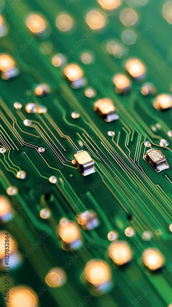 Aufkleber close-up view of a green circuit board with electronic components and intricate pathways