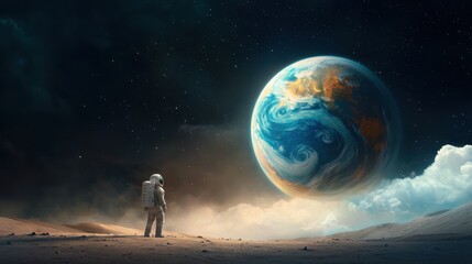 The astronaut stood on the desolate surface of the moon, gazing up at a massive, Earth like planet hanging in the black void of space
