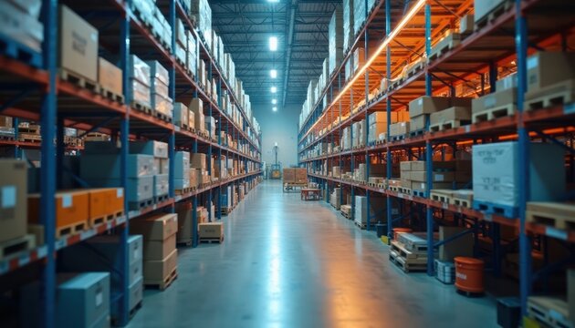 Warehouse interior with high shelves filled with cardboard boxes. Organized storage system ensures efficiency in supply chain. Empty aisle provides space for movement of logistics equipment.